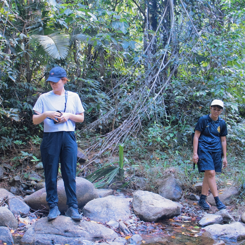 Two trekkers navigating through the jungle